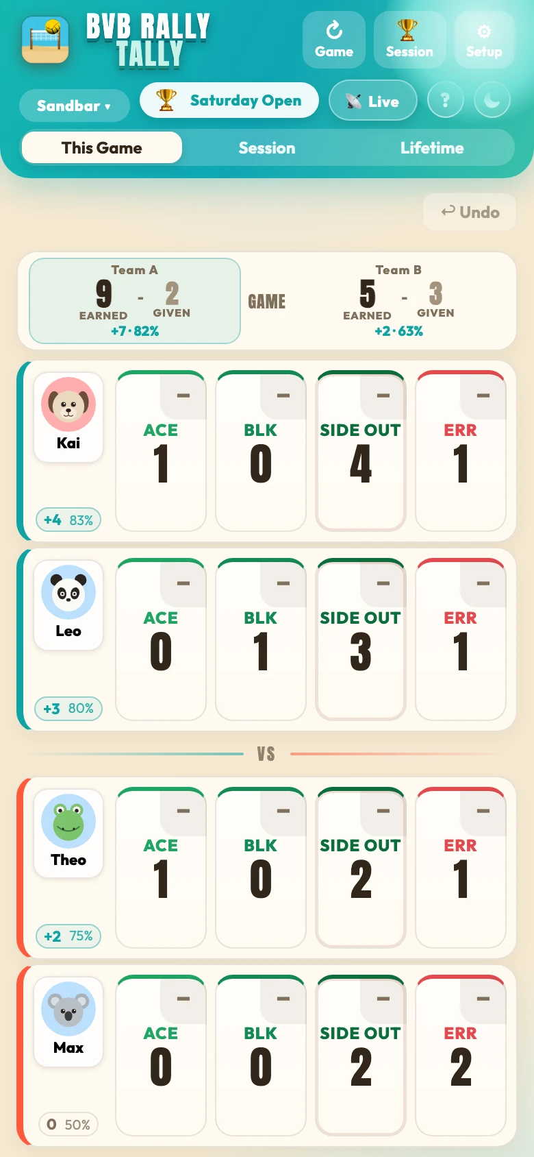Beach live scoring screen